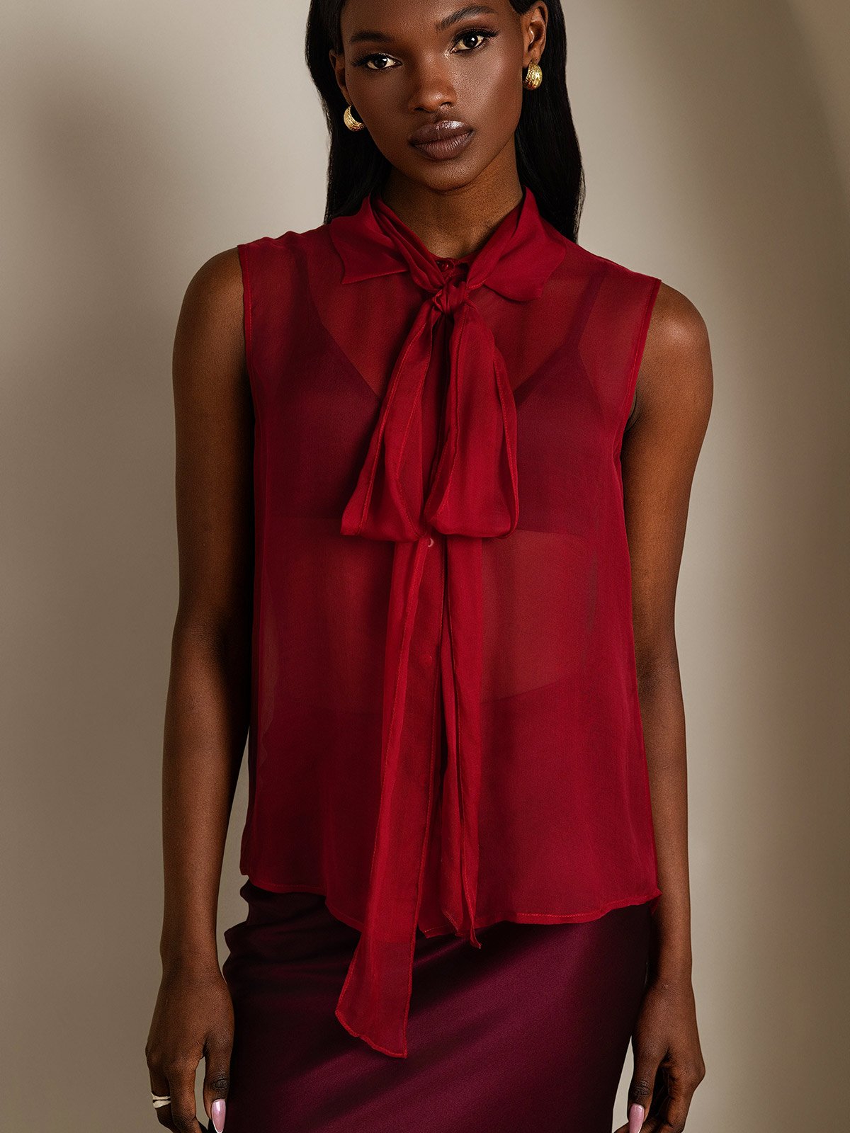SilkSilky-ES Seda Pura Sin mangas Corbata Blusas de Mujer Vino 003