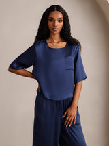 [Azul Oscuro] SilkSilky-ES Half Sleeve Round Neck Pijamas de mujer 007