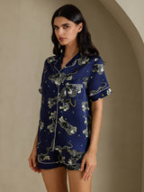[León Azul Marino] SilkSilky-ES Short Sleeve Notch Collar Pijamas de mujer 003