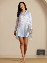 [Azul Claro] SilkSilky-ES Long Sleeve Lapel Collar Camisas de dormir 007