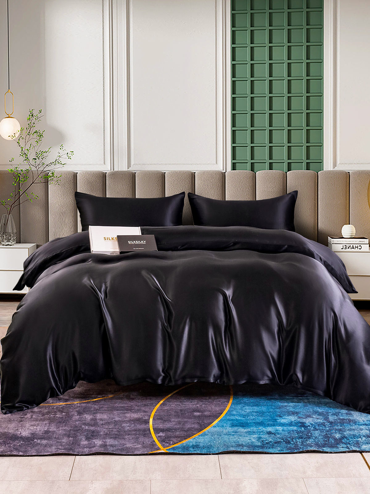 [Negro] SilkSilky-ES 25Momme Seda Pura Bedding Set 001