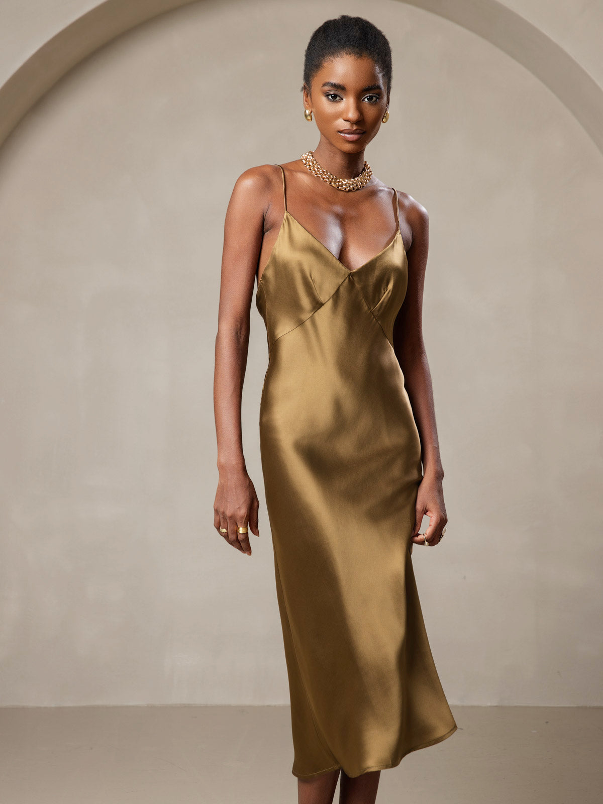 [Marrón] SilkSilky-ES 19Momme Seda Pura Cuello en V Vestido 005