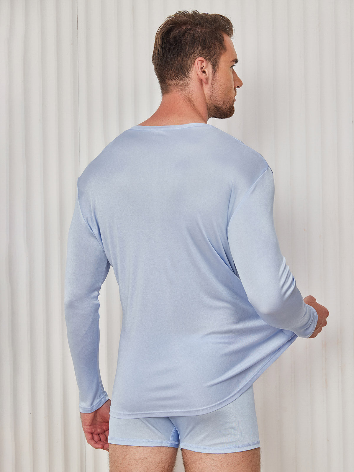 [Azul Claro] SilkSilky-ES Tejido de seda Mens T-Shirt 002