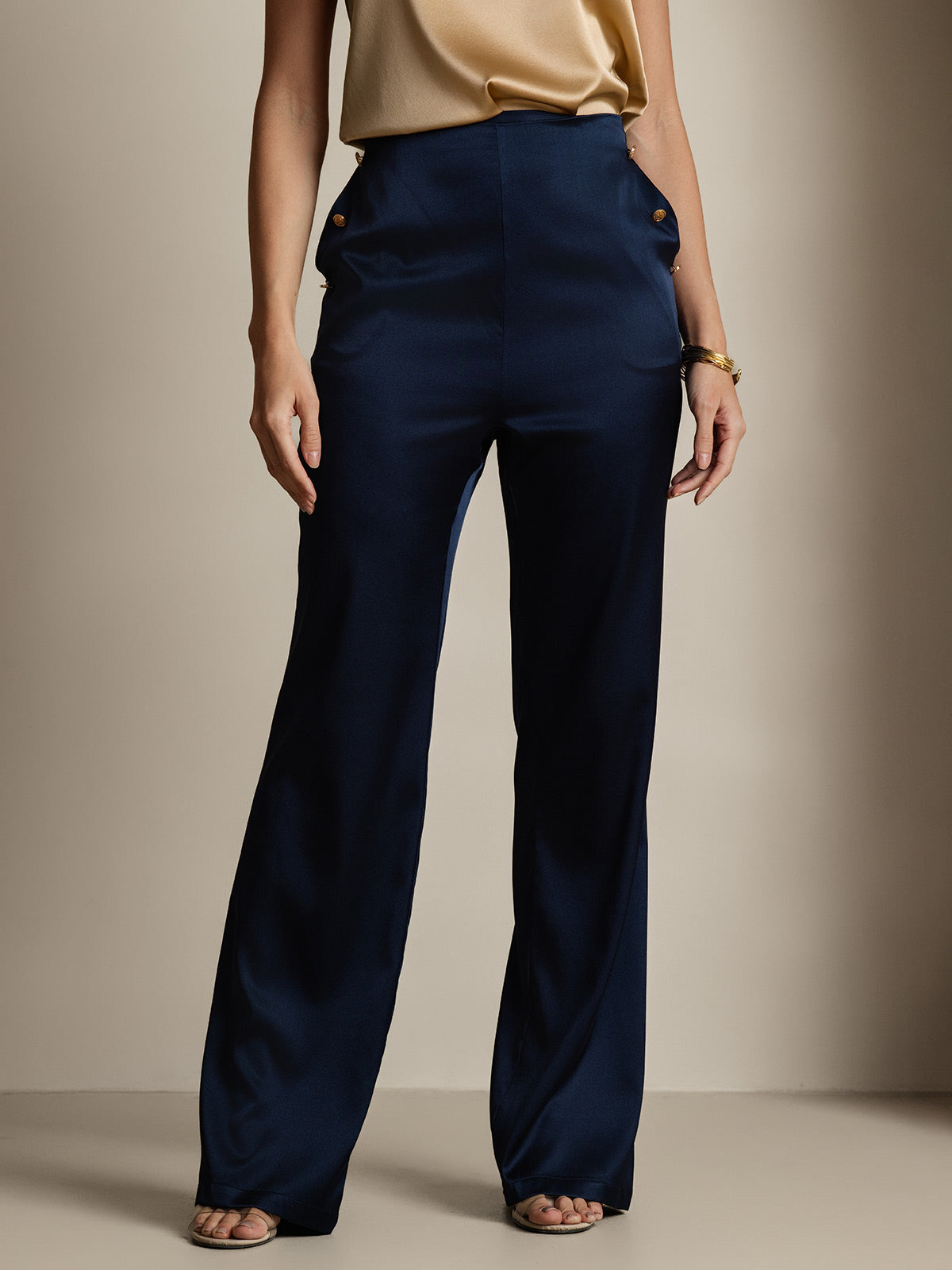 [Azul Oscuro] SilkSilky-ES 19Momme Seda Womens Pants 003