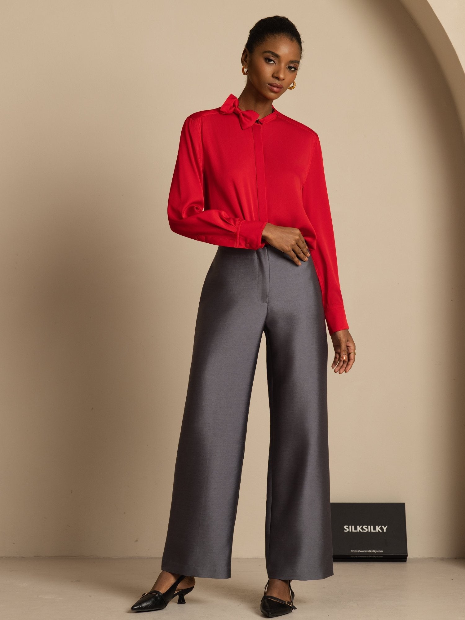 [Vino] SilkSilky-ES 19Momme Seda Manga larga Cuello Alto Blusa 008