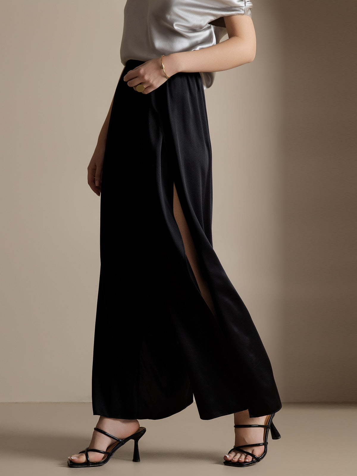 [Negro] SilkSilky-ES 19Momme Seda Split Pantalones de mujer 005