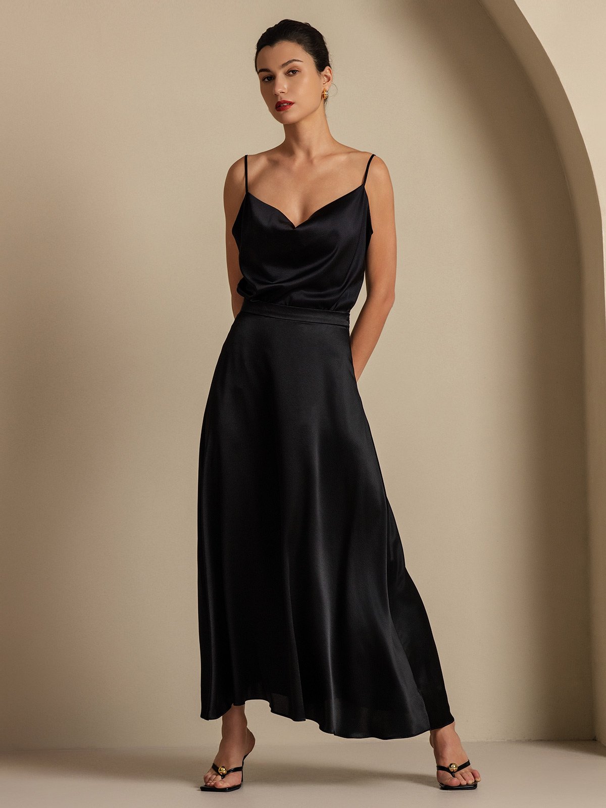 [Negro] SilkSilky-ES 19Momme Seda Cuello Camisero Women''s Outfit Sets 008,