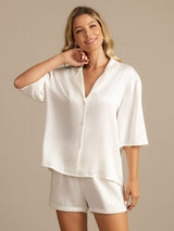 [Blanco] SilkSilky-ES 19Momme A metà Cuello de Muesca Pijamas de mujer 005