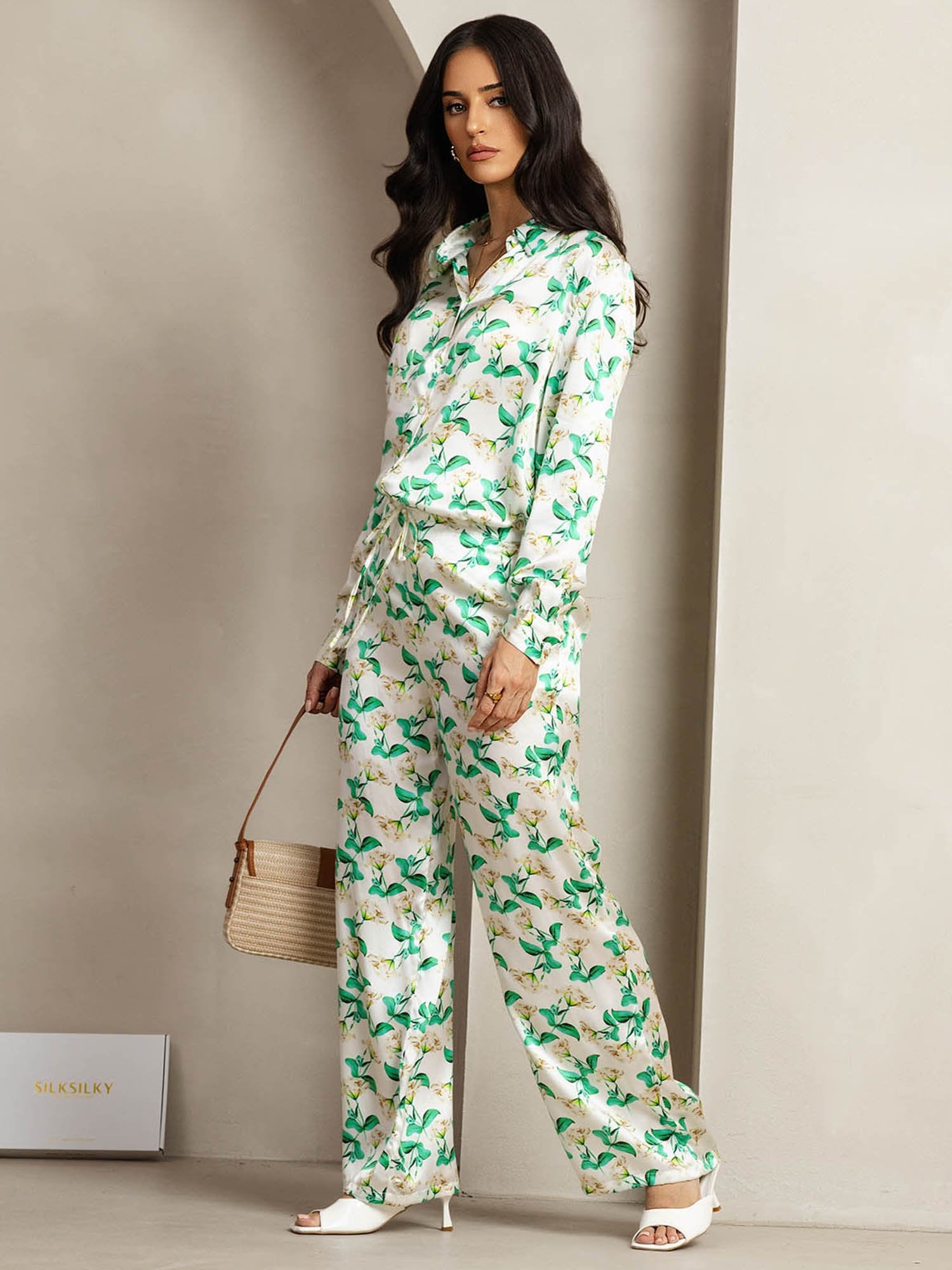 [FloralVerde] SilkSilky-ES 19Momme Seda Lapel Collar Women''s Outfit Sets 003