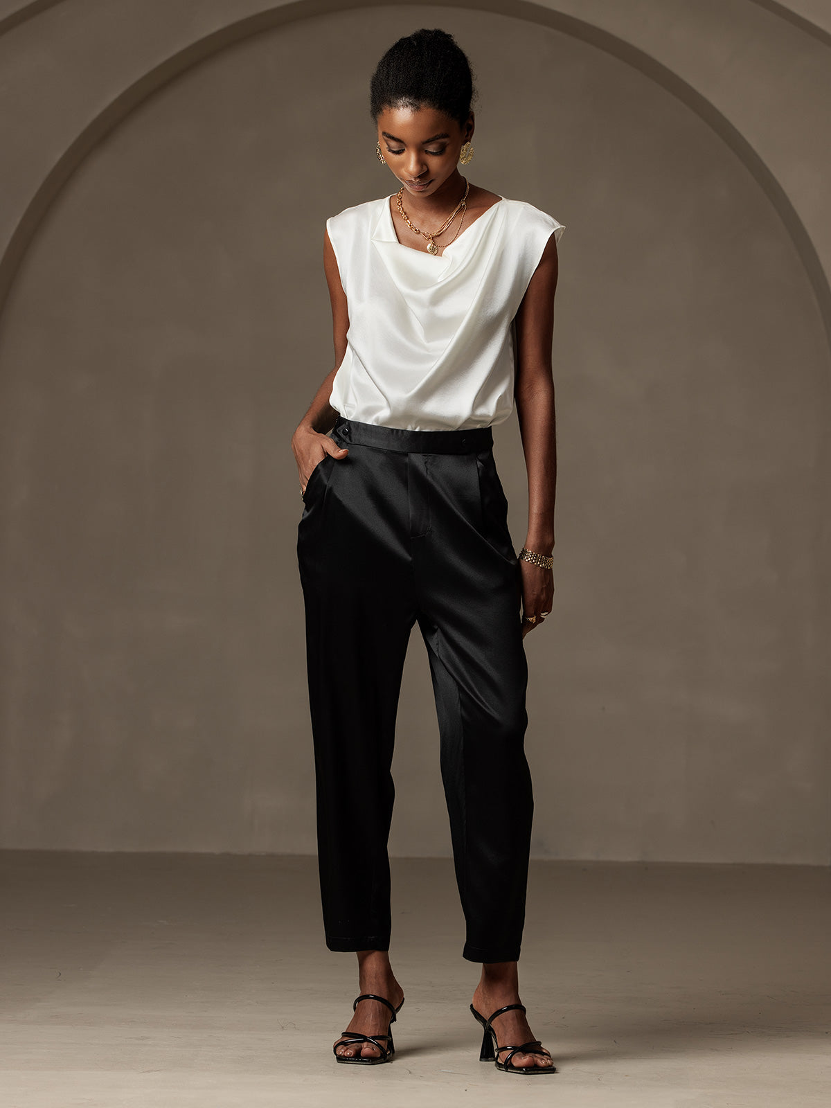 [Negro] SilkSilky-ES 19Momme Seda Womens Pants 001