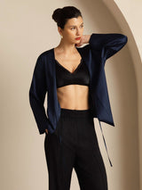 [Azul Oscuro] SilkSilky-ES 19Momme Manga larga Chaqueta de mujer 006