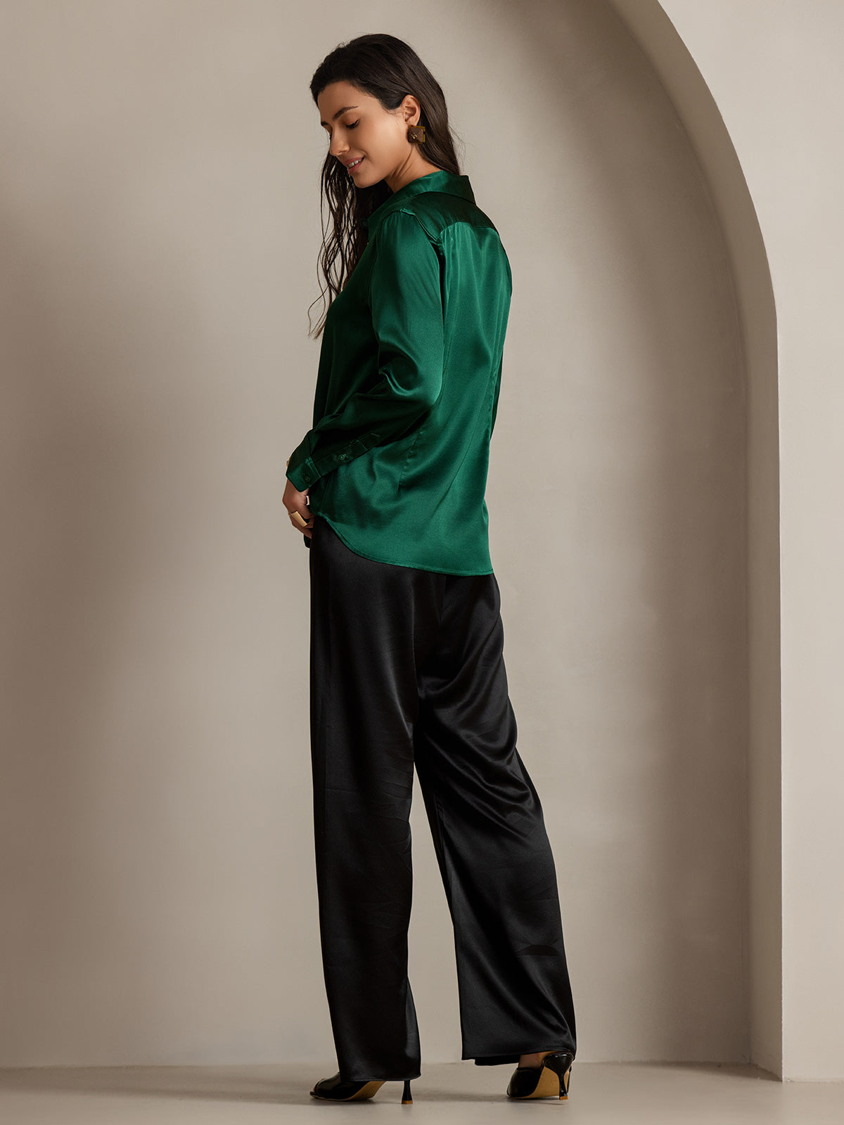 [Verde Oscuro] SilkSilky-ES Seda Manga larga Cuello Camisero Blusas de Mujer 002