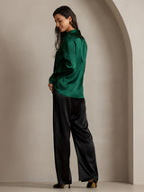 [Verde Oscuro] SilkSilky-ES Long Sleeve Lapel Collar Blusas de Mujer 002