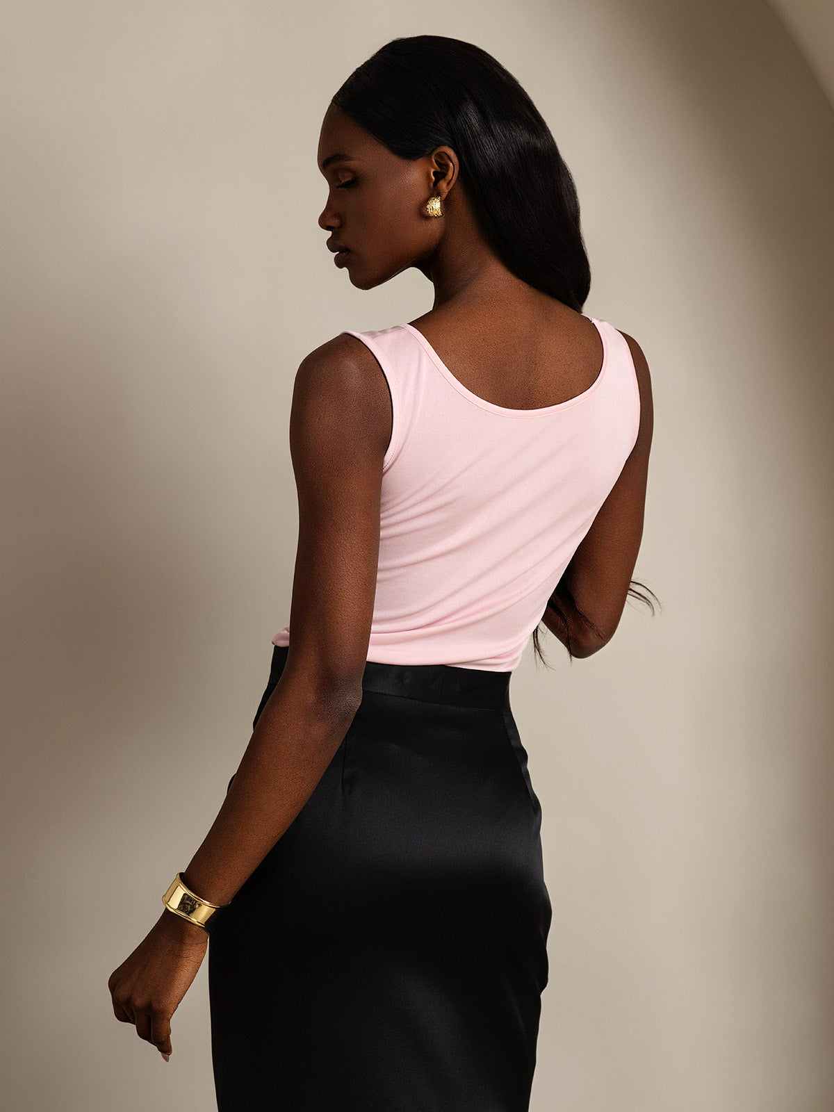 [Rosa] SilkSilky-ES Tejido de seda Sin mangas Round Neck Camisetas de Mujer 002