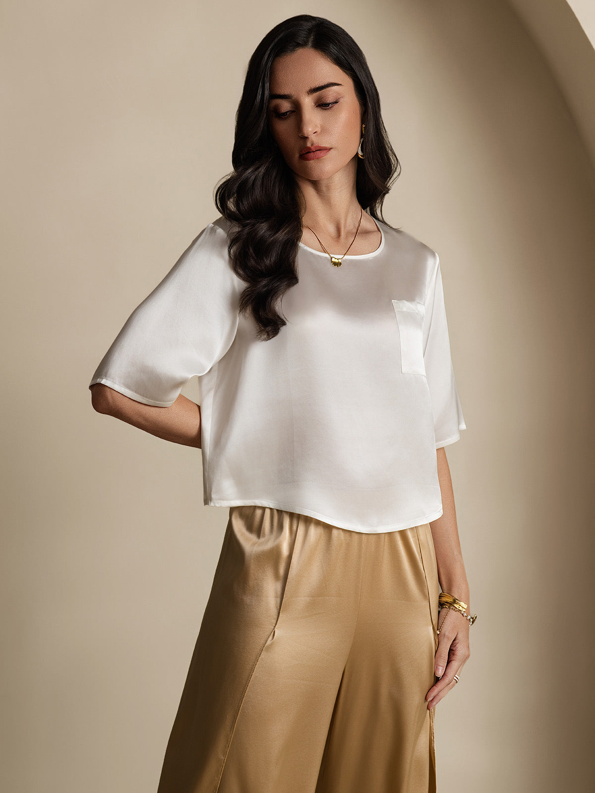 [Blanco] SilkSilky-ES Seda Pura Cuello Barco Camisetas de Mujer 006