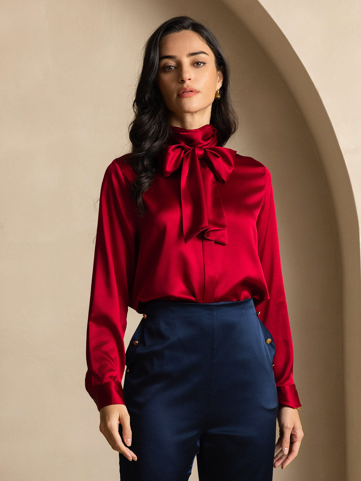[Vino] SilkSilky-ES 19Momme Seda Manga larga Corbata Blusas de Mujer 007