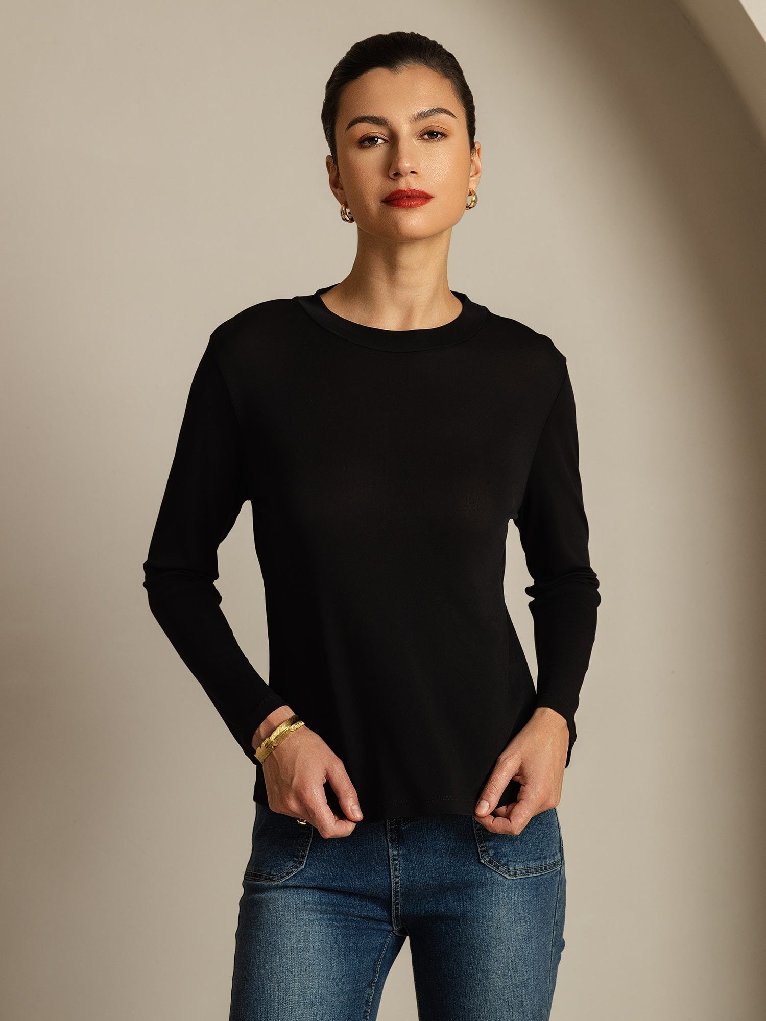 [Negro] SilkSilky-ES Seda Pura Womens T-Shirt 007