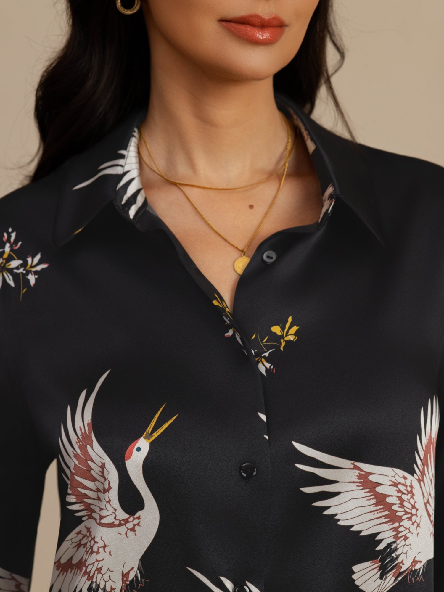 [Negro] SilkSilky-ES 19Momme Manga larga Cuello con Solapa Blusas de Mujer 007