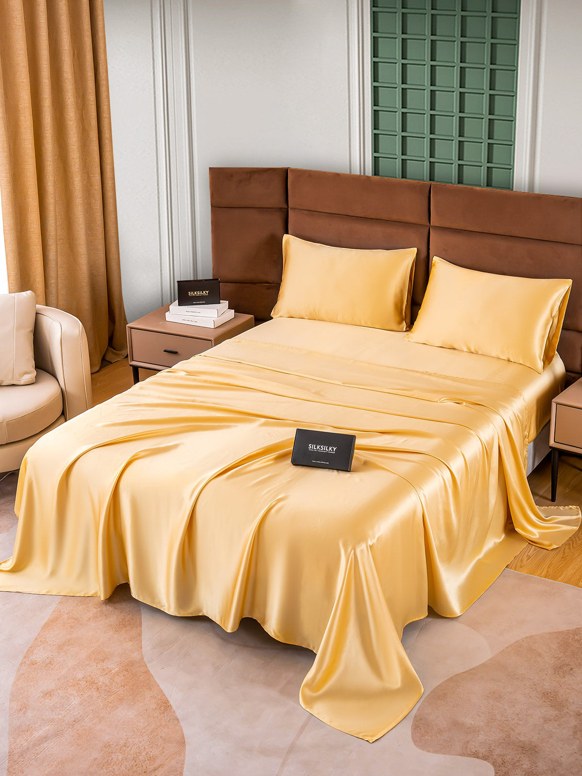 SilkSilky ES 25Momme Seda Pura Bedding Set Champán 002