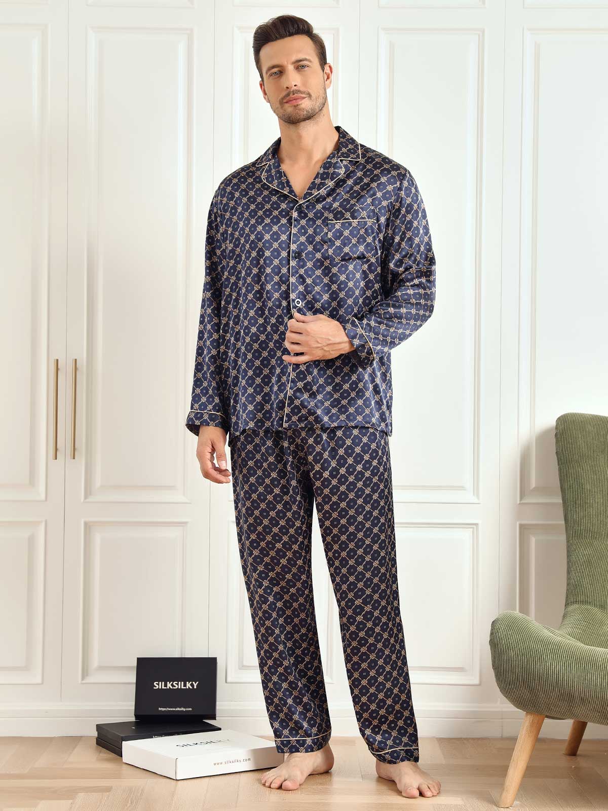 SilkSilky ES 19Momme Seda Pura Manga larga Solapa Pijamas de hombre AzulOscuro 004