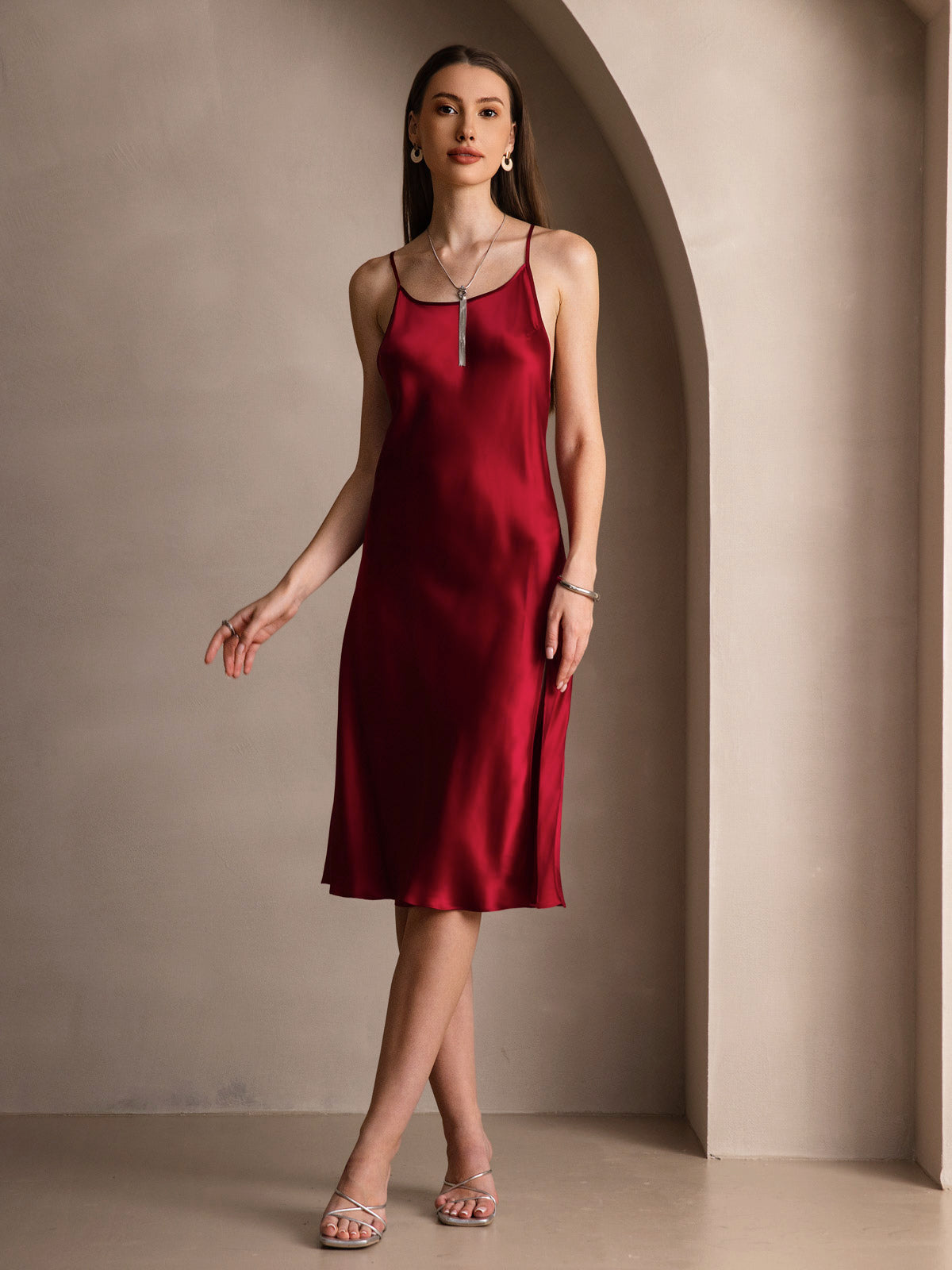 [Vino] SilkSilky-ES Seda Pura Sin mangas Round Neck Vestido 005