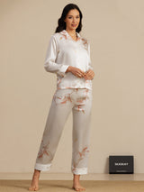 [Blanco] SilkSilky-ES 19Momme Manga larga Cuello de Muesca Pijamas de mujer 006