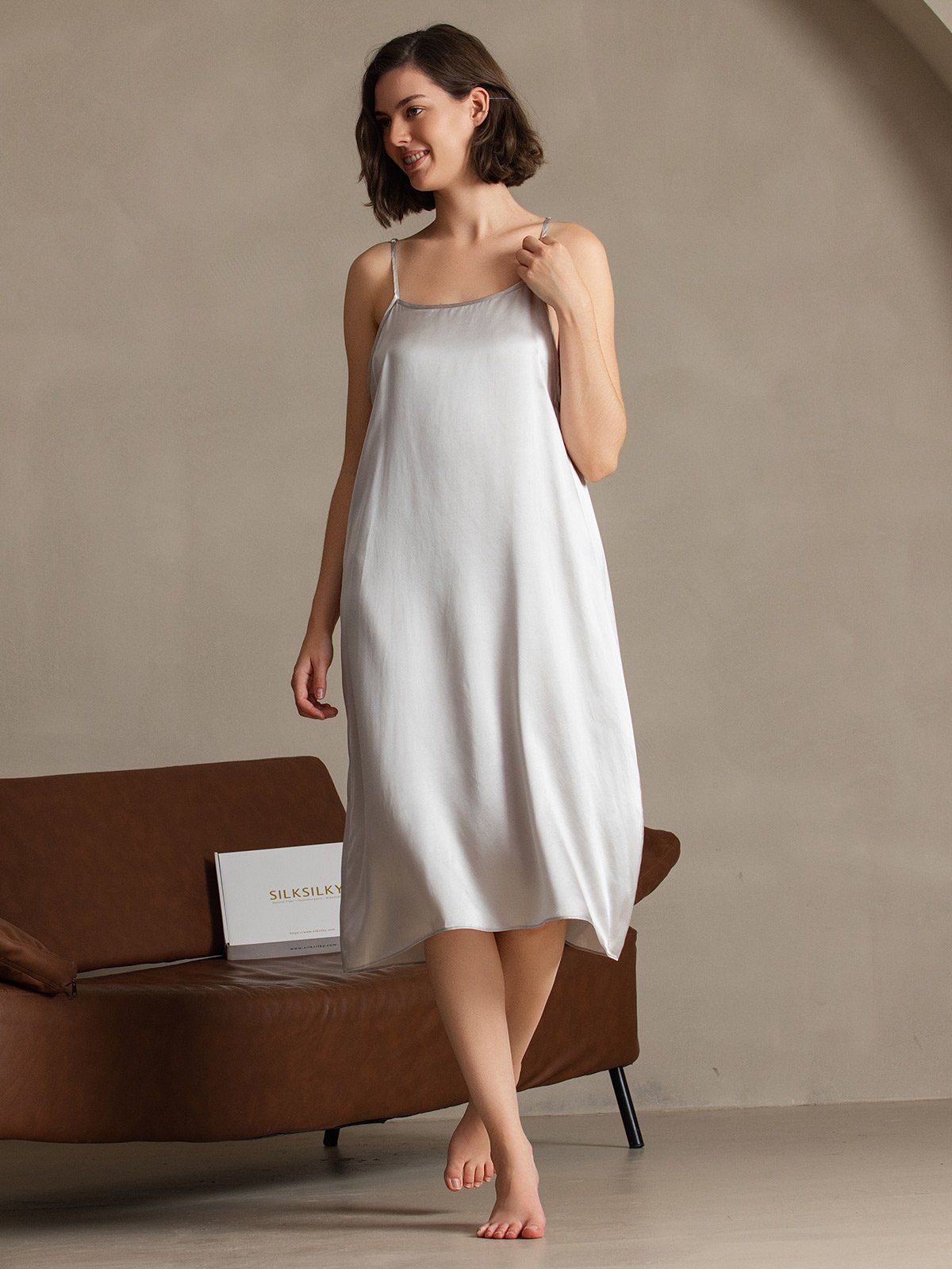 [Gris Claro] SilkSilky-ES 19Momme Seda Sin mangas Dress 006