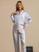 [Azul Claro] SilkSilky-ES Long Sleeve Lapel Collar Pijamas de mujer 004