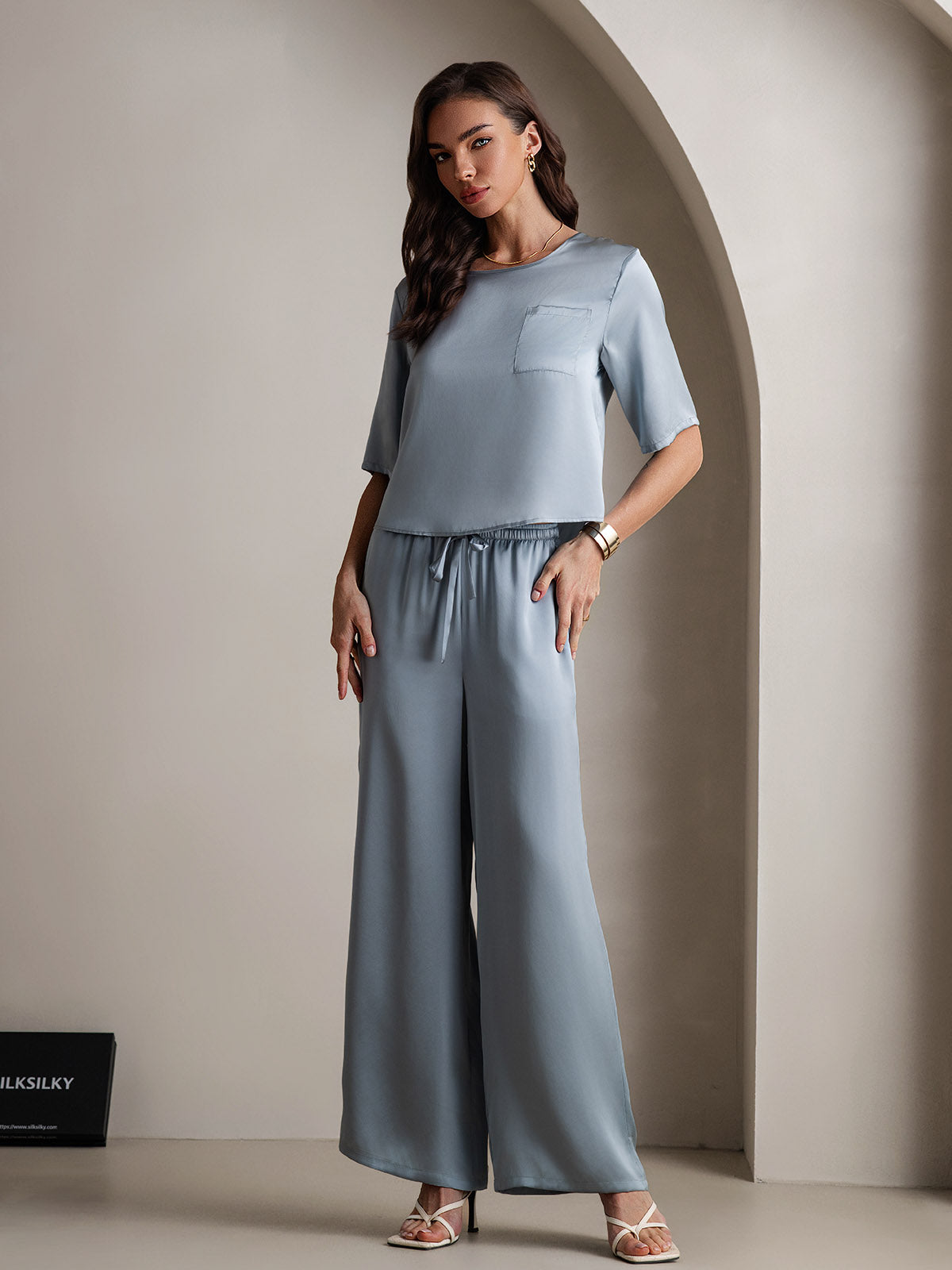 [Azul Grisáceo] SilkSilky-ES Seda Pura Womens Pajamas 005