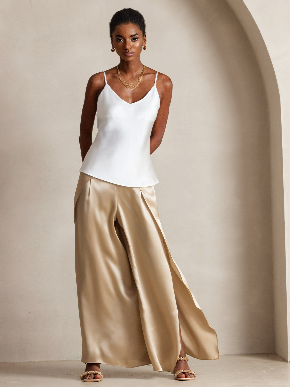 [Blanco] SilkSilky-ES Spalline Sottili Cuello en V Top de tirantes 001