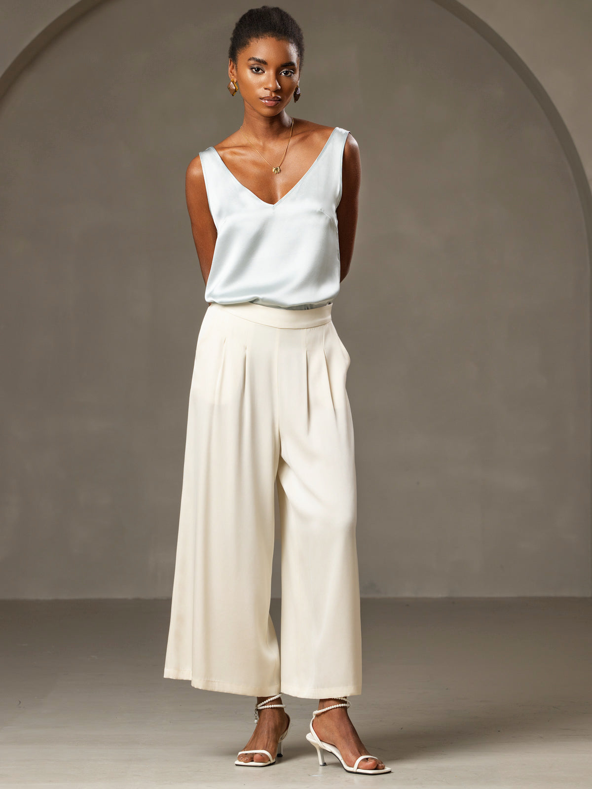 [Azul Claro] SilkSilky-ES 19Momme Sin mangas Cuello en V Top de tirantes 008