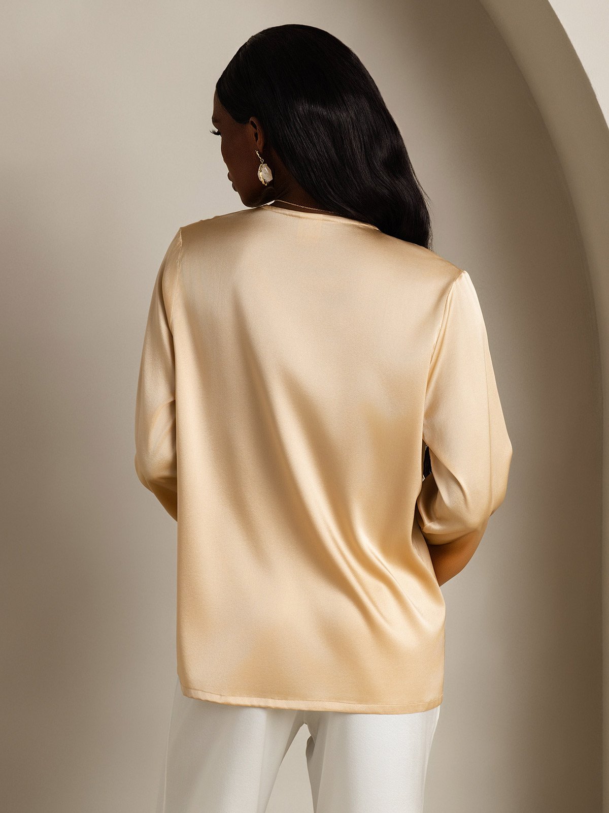 [Champán] SilkSilky-ES 19Momme Seda Cuello en V Blusas de Mujer 002