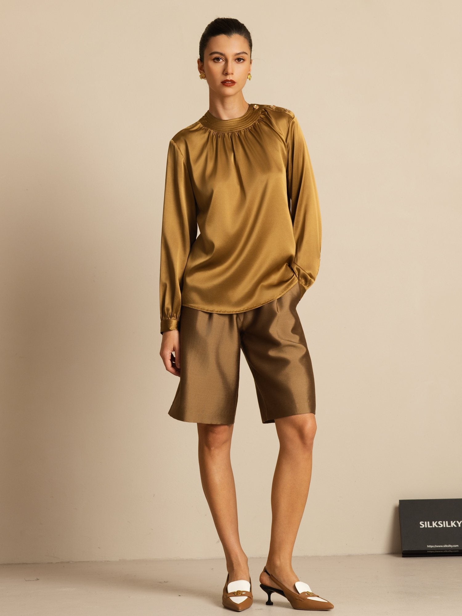 [Bronce] SilkSilky-ES 19Momme Seda Manga larga Cuello Redondo Blusa 006