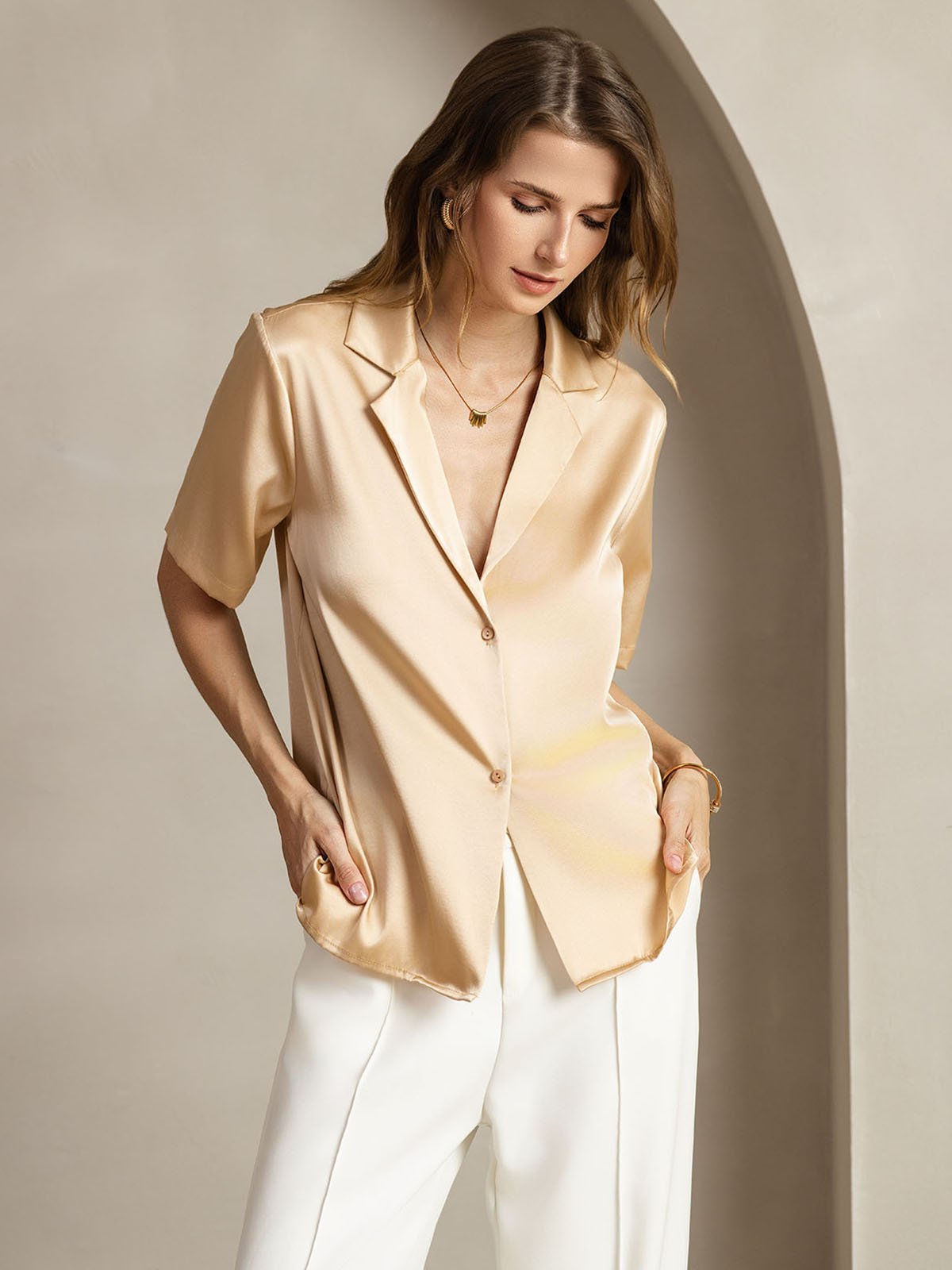 [Champán] SilkSilky-ES 19Momme Seda Escote V Blusas de Mujer 001