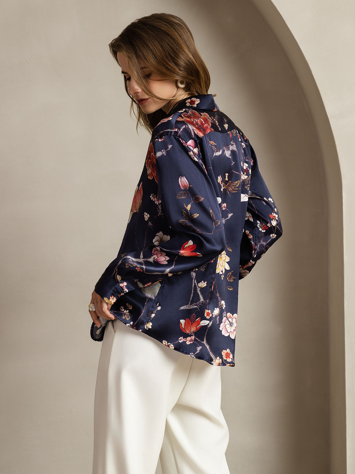 [Floral Azul Marino] SilkSilky-ES Seda Lapel Collar Blusas de Mujer 002