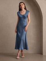 [Verde Azulado Real] SilkSilky-ES Cap Sleeve Vestido 004