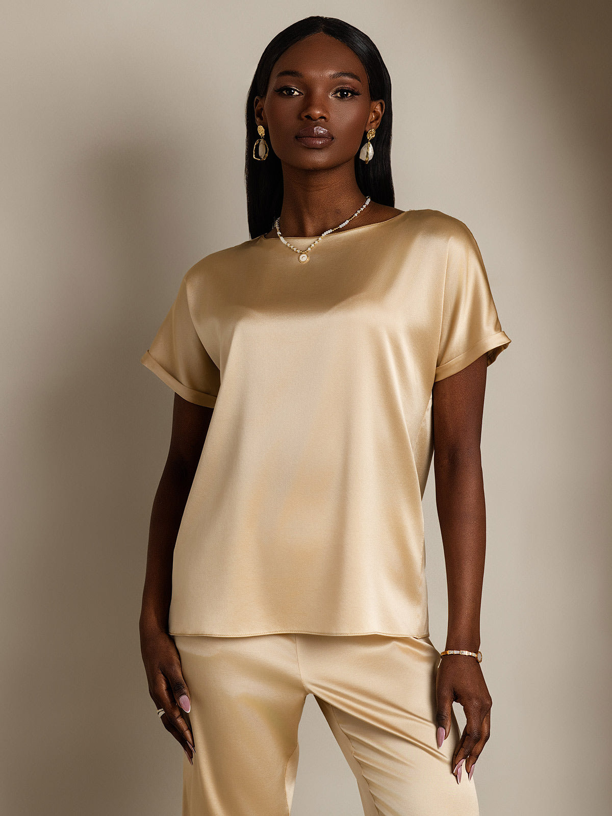 [Champán] SilkSilky-ES 19Momme Manga corta Cuello Barco Camisetas de Mujer 001
