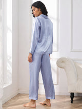[Azul Acero] SilkSilky-ES Long Sleeve Lapel Collar Pijamas de mujer 002