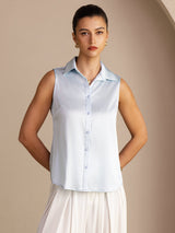 [Azul Claro] SilkSilky-ES Sleeveless Lapel Collar Blusas de Mujer 003