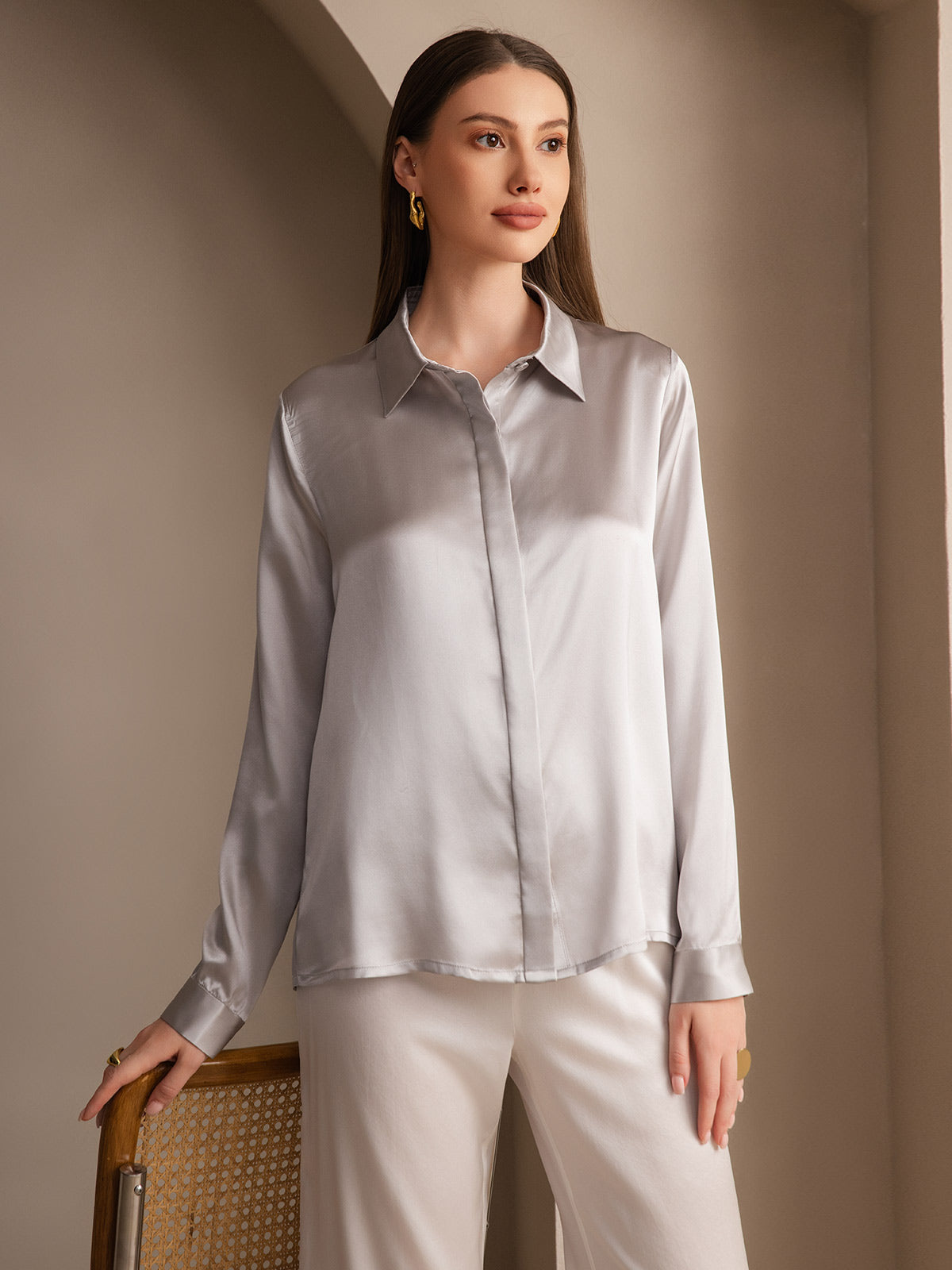 [Gris Claro] SilkSilky-ES 19Momme Seda Lapel Collar Blusas de Mujer 001