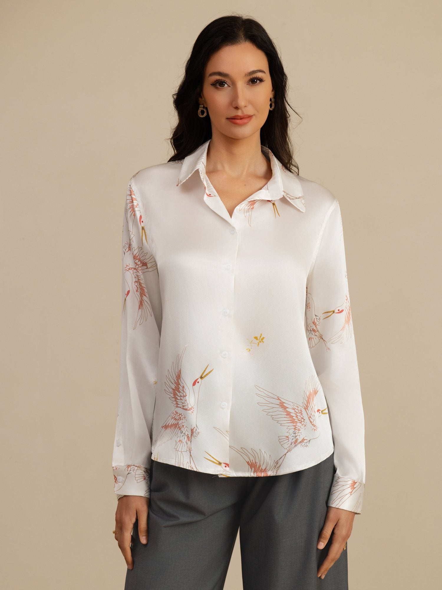 [Blanco] SilkSilky-ES 19Momme Manga larga Cuello con Solapa Blusas de Mujer 004