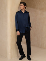[Azul Oscuro] SilkSilky-ES 19Momme Manga larga Cuello con Solapa Camisa de hombre 008