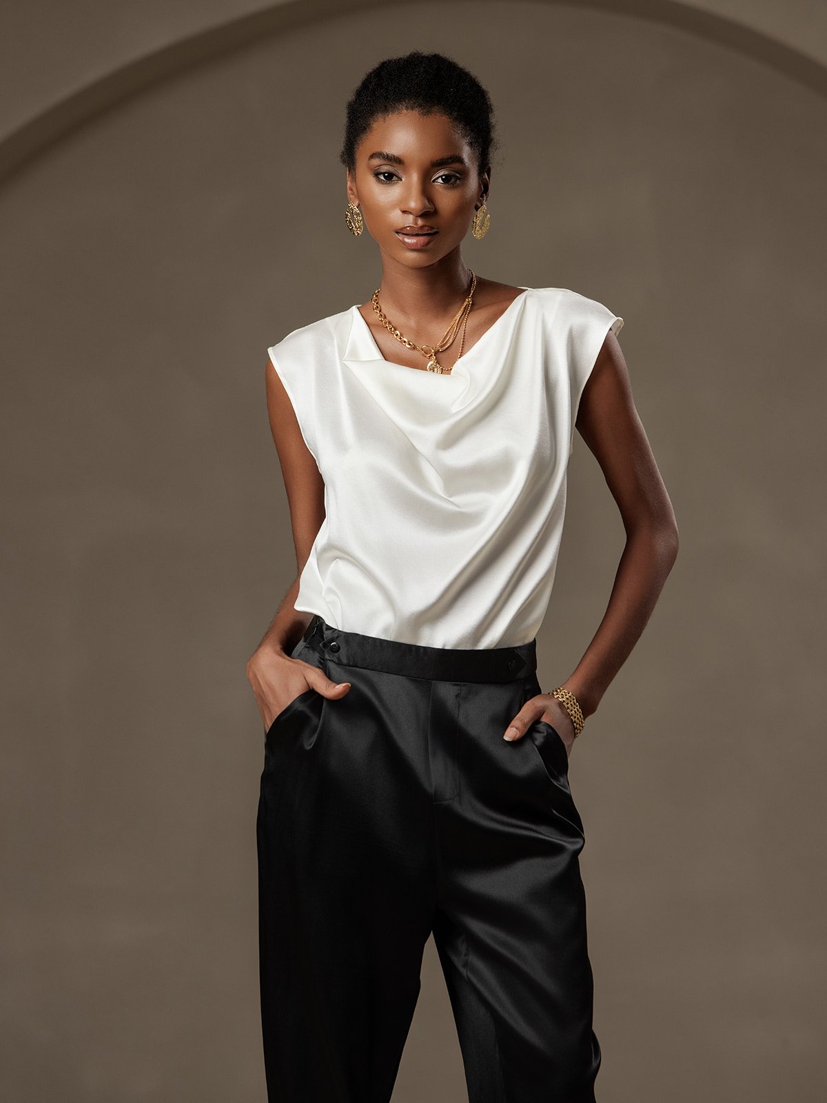 [Blanco] SilkSilky-ES 19Momme Seda Escote Caído Camisetas de Mujer 003