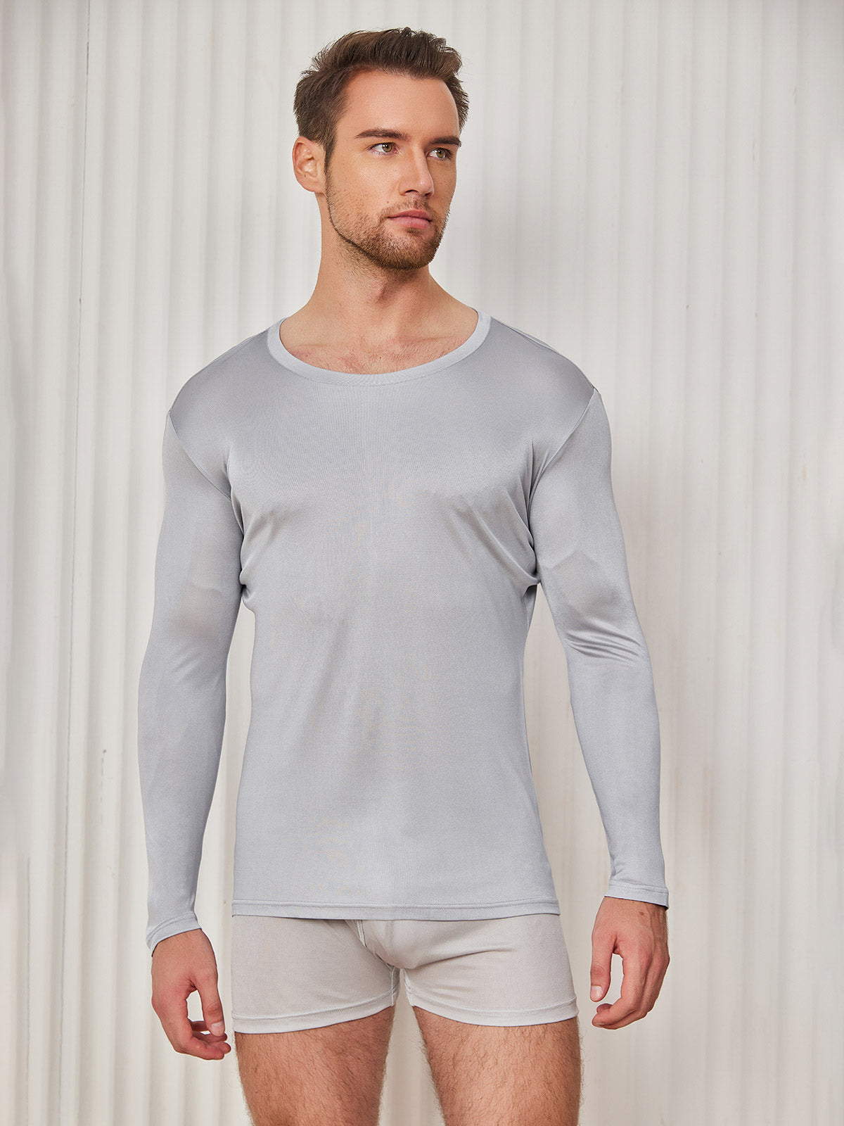 [Gris Claro] SilkSilky-ES Manga larga Cuello Redondo Camiseta de hombre 004