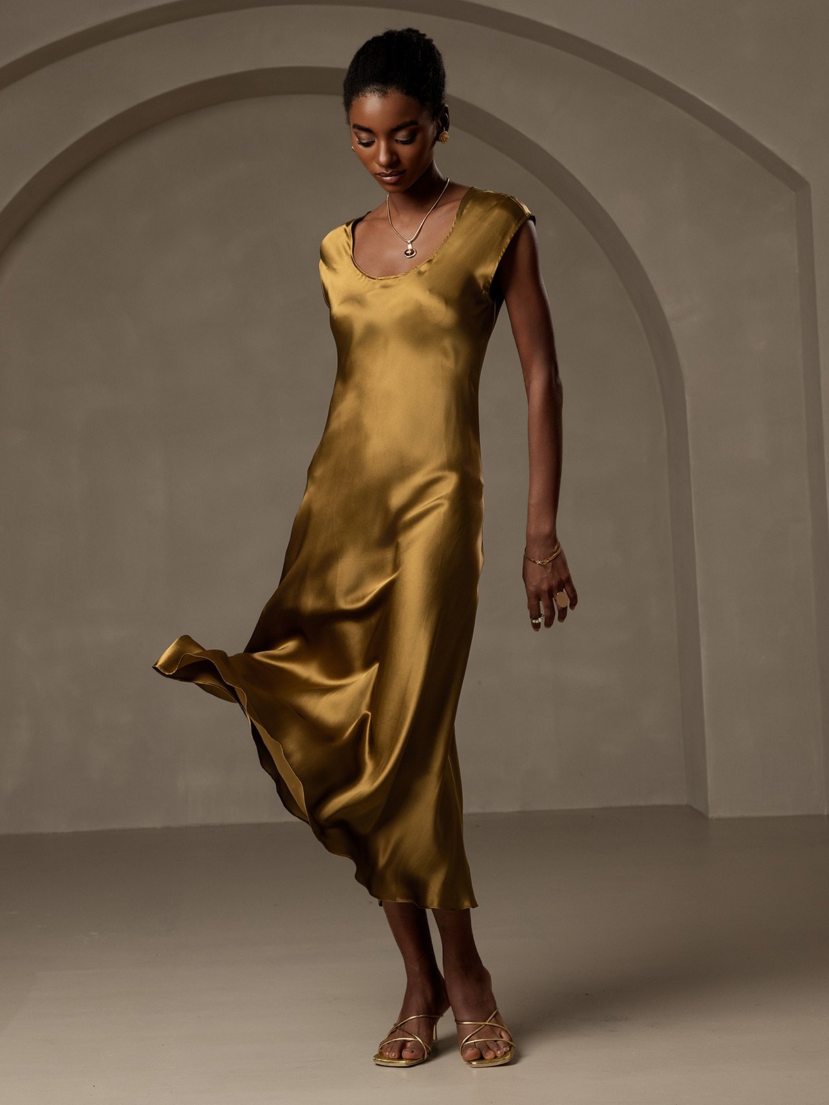 [Marrón] SilkSilky-ES 19Momme Seda Sin mangas Dress 005