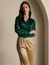 [Verde Oscuro] SilkSilky-ES Long Sleeve Lapel Collar Blusas de Mujer 007