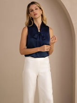 [Azul Oscuro] SilkSilky-ES Sleeveless Tie Neck Top de tirantes 006
