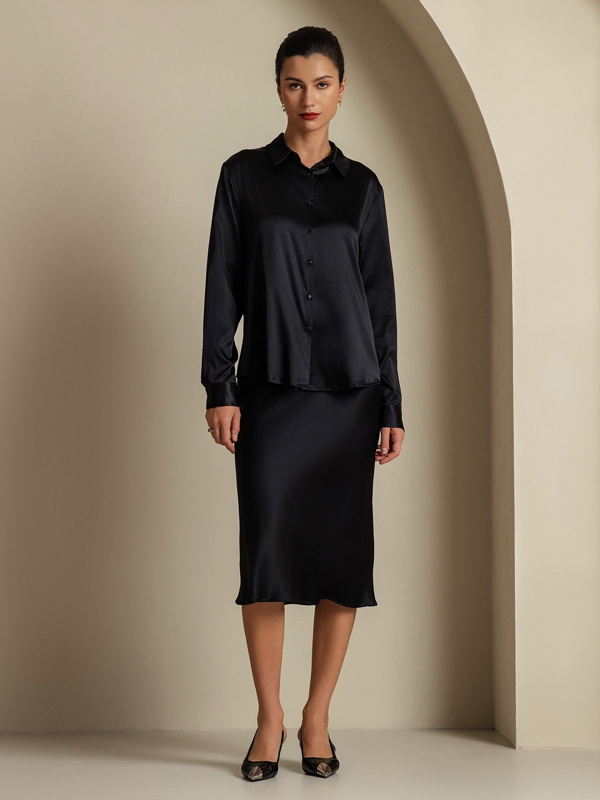 [Negro] SilkSilky-ES 19Momme Seda Cuello Camisero Women''s Outfit Sets 003,
