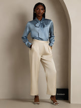 [Azul Grisáceo] SilkSilky-ES Long Sleeve Tie Neck Blusas 005