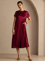 [Rojo Oscuro] SilkSilky-ES Short Sleeve Crew Neck Vestido 006